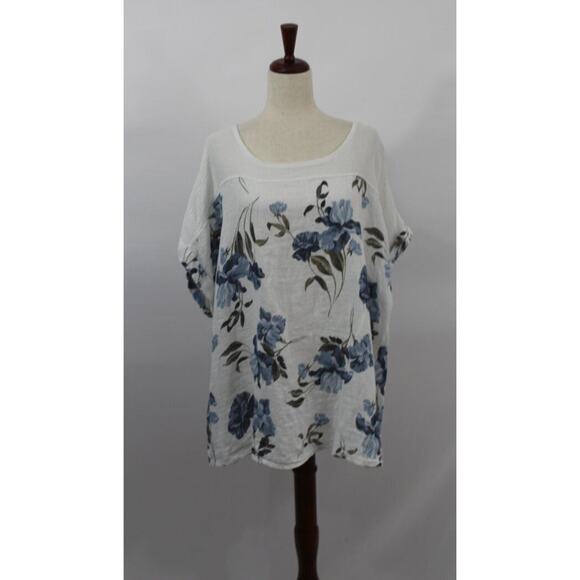 LUNGO L'ARNO Sz 3x Blue White Floral Linen Top Blouse NWT Made in Italy - Picture 9 of 9